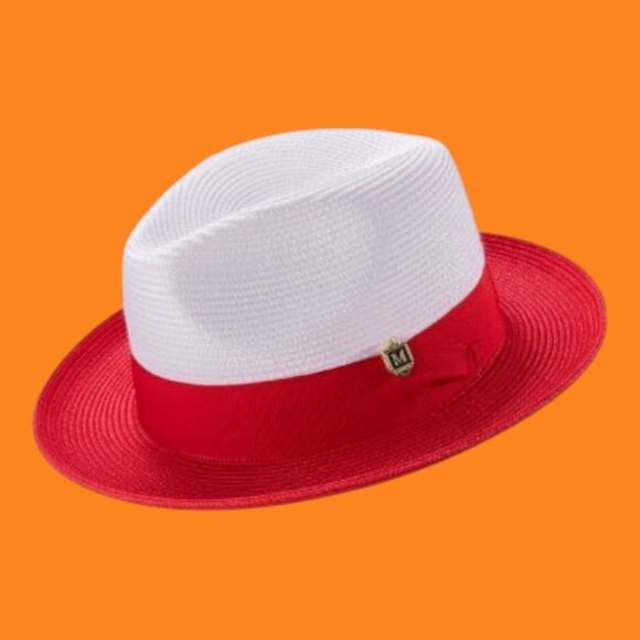 MONTIQUE RED TWO-TONE WIDE BRIM W/MATCHING GROSGRAIN RIBBON STRAW FEDORA HAT H47 - Picture 1 of 2